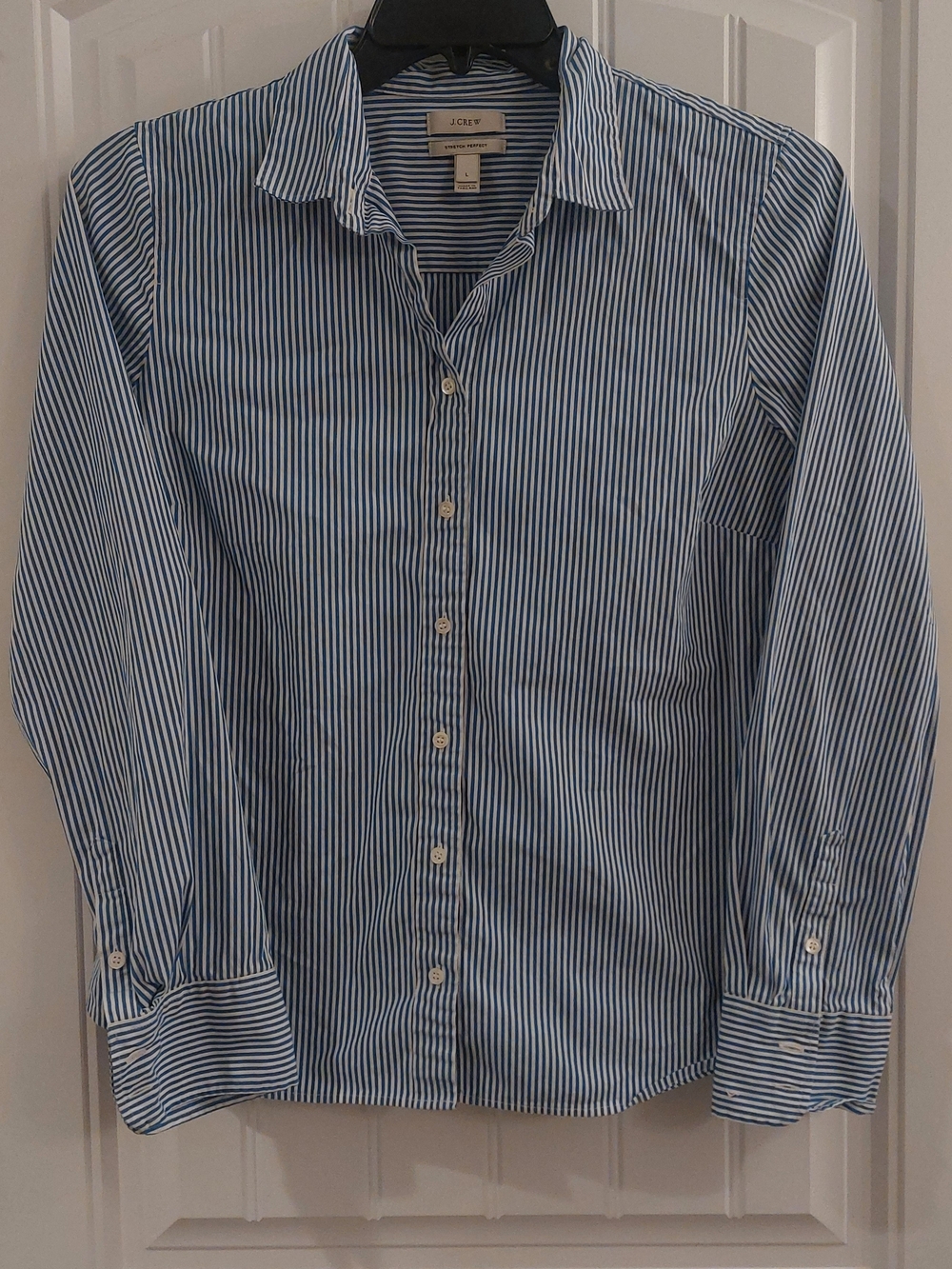 J. Crew Women's Blue and White Stripe Button-Up Shirt